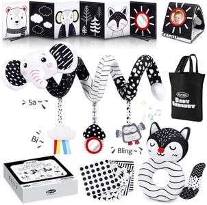 Joyreal High Contrast Baby Toys for Newborn, Black and White Baby Sensory Toys with Car Seat Toys,Infant Toys with Black White Cards Book, Montessori Toys for Baby Gifts (Elephant Theme)