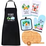 Suhine 7 Pcs Camping Gifts with 2 Camping Kitchen Towels, Bamboo Camper Cutting Board, Kitchen Apron, Oven Mitt, 2 Camper Pot Holders Camping Accessories for RV Campers Kitchen Decorations