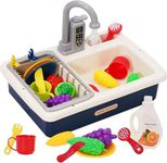 Kids Kitchen Play Sink Toy Set Pretend Role Plays Kitchen Toys Play Sinks with Running Water,PlayFood,Cutting Plays Dishwasher with Automatic Water Cycle System Blue