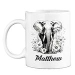 Personalized Name Elephant Coffee Mug Cup Gift for Men Women Birthday, Customized Elephant Animal Lover White Coffee Cup 11 Oz 15 Oz, Unique Elephant Pencil Drawing Travel Tea Cup Gifts, Elephant Mug