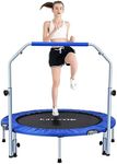 FirstE 48'' Foldable Mini Trampoline, Fitness Rebounder with 4 Level Adjustable Foam Handle, Exercise Trampoline for Adults Indoor/Garden Workout, Kids Recreational Trampoline, Max Load 440lbs, Blue