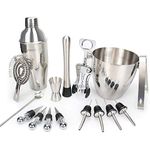 Okayji Stainless Steel Barware Cocktail Bar Set Shaker Ice Bucket Double Size Jiggers and other Essential Bart ending Tools, 16- Pieces