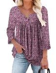 KISSMODA Womens Square Neck Casual Floral Blouses 3/4 Ruffle Sleeve Tunic Tops Button up Flowy Dressy Shirts 2024 Trendy PinkPurple Small