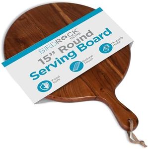 BIRDROCK HOME Acacia Wooden Cheese Serving Board with Handle - Charcuterie, Appetizers, Kitchen Platter, Grazing Board, Pizza, Meat, Bread, Cutting, Party, Food Display Tray - Espresso, 15", Round