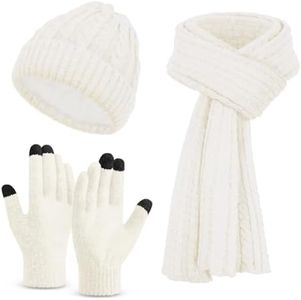 Omisy Unisex Winter Clothes Set with Beanie Hat Touchscreen Gloves Long Neck Scarf, Stocking Stuffers Christmas Gifts for Adult Women Mom Her Wife - WHITE