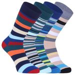 USOXO Men's Full-Length Socks I Comfort Colorful Striped Design Combed Cotton Terry Calf with Extra Cushioned I Padded Base & Anti-bacterial I Free Size for Daily Casual Running Hiking Cycling - 4Pair