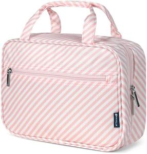 PAVILIA Hanging Toiletry Bag Women Men, Travel Toiletries Bag, Foldable Roll up Cosmetics Toiletry Bag Organizer for Makeup Accessories, Water Resistant Mesh Pocket (Pink Stripe)