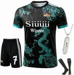 Kids Soccer Jersey Uniform Set #7 | Complete 4-Piece Kit with Shirt, Shorts, Socks & Player Necklace for Boys & Girls (Green-C.R.NO.7-Dragon, 7-8 Years)