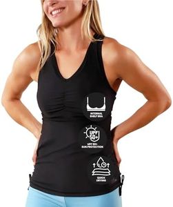UV SKINZ Women's Swim Tankini – Modest Tankini Top with Built-in Bra Support, UPF 50+ Sun Protection, Flattering Ruched Sides to Conceal Tummy, Comfortable Swimwear for Women - Black Stripes - XS
