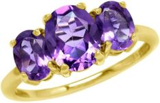 Silvershake 3 Stone Natural Oval Shape Gemstone White Gold Plated 925 Sterling Silver Ring Jewelry for Women, 8, Sterling Silver 18K Gold Plated, Genuine African Purple Amethyst Amethyst