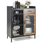 COSTWAY Industrial Storage Cabinet, Wooden Buffet Sideboard with Drawer, Mesh and Tempered Glass Door & Anti-toppling Device, Home Kitchen Dining Room Display Organiser Pantry Cupboard