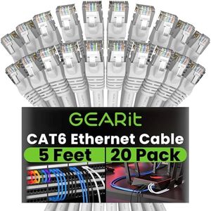 GearIT Cat 6 Ethernet Cable 5 ft (20-Pack) - Cat6 Patch Cable, Cat 6 Patch Cable, Cat6 Cable, Cat 6 Cable, Cat6 Ethernet Cable, Network Cable, Internet Cable - White 5 Feet
