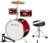 MOSEN Drum Set 3-Piece Beginner Drum Set Junior Drum Kit with Adjustable Throne, Cymbal, Pedal & Drumsticks Drums with Bass Tom Snare Drum - Red