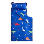 Wake In Cloud - Toddler Nap Mat with Pillow and Blanket, for Kids Boys Girls in Daycare Preschool Kindergarten, Cute Soft Roll Up Sleeping Bag, Colorful Dinosaur Blue, Standard Size