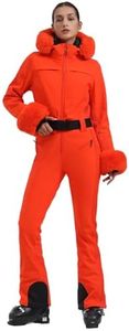 GSOU SNOW Ski Suit Womens Snowsuit One Piece Ski Outfits Jumpsuit Orange XS | Insulated(Duck Down:30g),15K Waterproof Coat,10K Breathable,Detachable Hat&Sleeve Fur Collar,Detachable Belt,Stretch Fabric