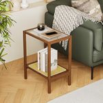 Bamworld Rattan Side Table Living Room Glasstop Night Stand Boho End Table 2-Tier with Storage Mid Century Modern Bedside Table for Small Spaces Narrow Coffee Table Bamboo