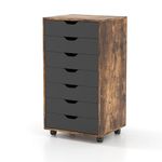 COSTWAY Mobile File Cabinet, 7 Drawers Lateral Stationery Storage Organiser Chest with Wheels, Home Office Printer Stand Side Filing Cupboard（Rustic Brown + Black）