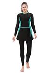 BOSKY Swimwear Frock Style Front Zipper Full Sleeves with Removable Pad Full Tights 2 PC Swimwear for Girls and Women, 4 Way Lycra (Black-Green_3XL)