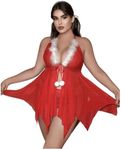 OYOANGLE Women's Fuzzy Trim Criss Cross Open Front Chemise Nightgown with Thongs Set Babydoll Sleepwear Red XX-Large Plus