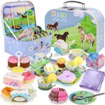 Tea Party Set for Little Girls,50PCS Princess Horse Tea Time Toy Including Food Sweet Treats Playsets,Teapot Tray Cake,Tablecloth & Carrying Case,Kids Kitchen Pretend Play for Girls Boys Age 3 4 5 6