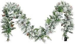 Sunnydaze 9' Flocked Pre-Lit Artificial Christmas Garland with Pinecones and Holly Berries - 70 LED Lights with Battery Timer