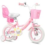 Glerc 12 Inch Kids Bike for 1 2 3 4 Years Old Little Girls Cute Bicycles with Basket Stabilisers and Bell, Pink & White