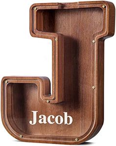 Summidate Customized Name Extra Large Wooden Piggy Bank for Kids Boys Girls Alphabets Letter A-Z Coins Bills Money Change Bank Box Clear Cover (Laser Engraved) Educational Toys 12"- Letter J