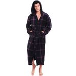 KEMUSI Hooded Herringbone Men's Dark Red Checked Soft Spa Long Bathrobe, Comfy Full Length Warm (S)