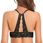 SHEKINI Women's Lace Bralette V Neck Wireless Bra Padded Sexy Backless Brassiere for Everyday Wear, Black, Medium