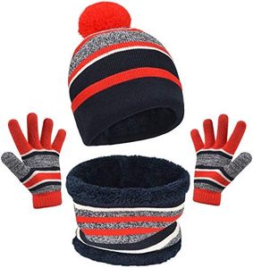 3Pcs Hat Scarf and Glove Set for Kids Boys Age 3-6 Winter Knit Pom Beanie Neck Warmer Gloves Set with Warm Fleece Lining