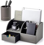 Vlando Desk Organiser with Drawer, Pen Holder, PU Leather Office Stationery Desk Tidy Organiser, Multifunctional Desktop Pen Organiser,Remote Control Holder, Gray