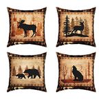 Set of 4 Vintage Bear Throw Pillow Covers,Cabin Deer Hunting Cushion Case for Home Living Room Decor, Reversible Farmhouse Wolf Animals Brown Yellow Decorative Throw Cushion Case, 18x18 Inches