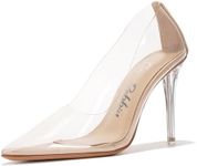 Clear Pointed Toe Heels for Women- Pointy Heels for Women with Transparent Upper, 3.75 inch Lucite Heel & Genuine Leather Insole- Classy Clear Pumps (Glass Doll.A) - Beige Size 7.5