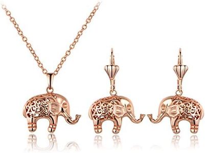 Barzel 18K Rose Gold Plated Filigree Cutout Drop Elephant Earrings and Necklace Jewelry Set (Rose Gold)