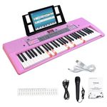 61 Key Electronic Keyboard Piano with Lighted Up Keys, Musical Mini Keyboard Piano with Microphone, Music Rest, Teaching Modes, Digital Portable Learning Keyboards for Beginners Kids Adults, Pink