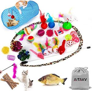 AILUKI 31 PCS Cat Toys Kitten Toys Assortments,Variety Catnip Toy Set Including 2 Way Tunnel,Cat Feather Teaser,Catnip Fish,Mice,Colorful Balls and Bells for Cat,Puppy,Kitty