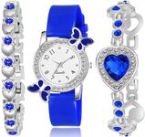 Acnos Polyurethane White Dial Diamond Blue Analog Watch With Diamond Bracelet For Girl Best Design Butterfly Combo 3 Pack Of 3, Blue Band