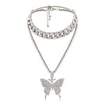 Gilieyer Butterfly Cuban Link Necklace for Women, Hip Hop Gold Crystal Choker Necklace Chain with Bling Bling Rhinestone Big Butterfly Pendant Necklace Jewelry Fashion Accessory for Girls (Silver)