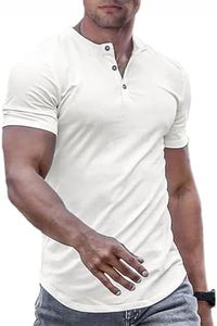 JMIERR Mens Muscle Slim Fit Button Henley Shirts Summer Crewneck Short Sleeve Longline Fitted T-Shirt Gym Workout Athletic Tees Shirt for Man, 4XL, White