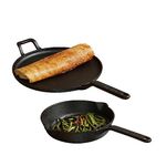 Meyer Pre-Seasoned Cast Iron 2 Piece Cookware Set 20cm Fry pan + 28cm Flat Dosa Tawa | Iron Utensils for Cooking | Cookware Set for Kitchen | Induction Cast Iron Cookware Combo Offer, Black