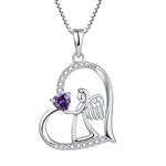 FJ Heart Guardian Angel Necklace 925 Sterling Silver Angel Wing Pendant Necklace February Birthstone Amethyst Necklace Jewellery Gifts for Women Girls