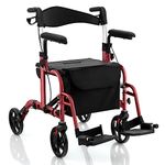 Goplus 2 in 1 Folding Rollator Walker, 4 Wheel Medical Rolling Walker with Seat, Backrest, Height-Adjustable Handle, Heavy Duty Aluminum Transport Chair Mobility Walking Aid for Seniors Adults (Red)