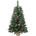 Pre-lit Mini Christmas Tree 90cm/3ft,121 Branches Tips Artificial Pine Xmas Tree with 70 LED Lights & 11 Red Berry & 11 Pinecone Burlap Base Decorate for Tabletop