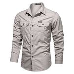 Men's Tactical Shirts Quick Dry UV Protection Breathable Long Sleeve Hiking Fishing Button Washed Shirts with Double Pocket(Beige,3XL)