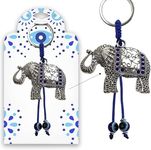 LUCKBOOSTIUM Elephant Charm Keychain w/Blue Crystal and Hanging Evil Eye - Sign of Good Luck and Protection - Home Keys, Purse, Bags and Rear View Mirror Accessories - Gift for Men & Women