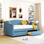 Merax Upholstered Daybed with Drawer Twin Size Daybed with Storage Drawer Wooden Sofa Bed Twin Size for Living Room Bedroom,Wooden Slat Support,No Box Spring Needed,Blue