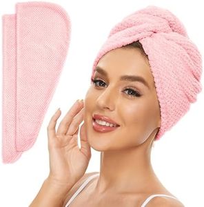 SimpleField 2 Pack Microfiber Hair Towel Wrap for Women, Anti Frizz Quick Drying Hair Turban for All Hair Style, Absorbent and Lightweight (Pink)