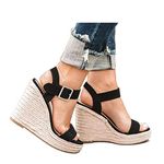 VICKI·VICKI Women's Platform Sandals Wedge Ankle Strap Open Toe Sandals, Black-1#, 9