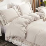 Wotcsil Beige Ruffle Bedding Set for Women Girls Ruffled Double Duvet Cover Set Plain Duvet Cover Shabby Chic Retro Double-Layer Frill Edge Design with Pillowcase