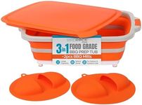 BIRDROCK HOME Collapsible Large BBQ Prep Tub w/Cutting Board, Multi-Function Grill Caddy w/Colander & Lid, Portable Silicone Dish Bowl for Picnic, Tailgate, Camping - Orange + 2pc BBQ Mitts